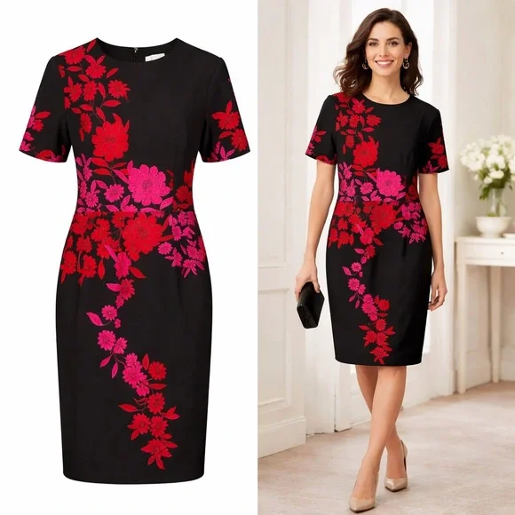 London Times | Black Floral Sheath Dress | Red Pink | Short Sleeve | Size 12 - Picture 1 of 6
